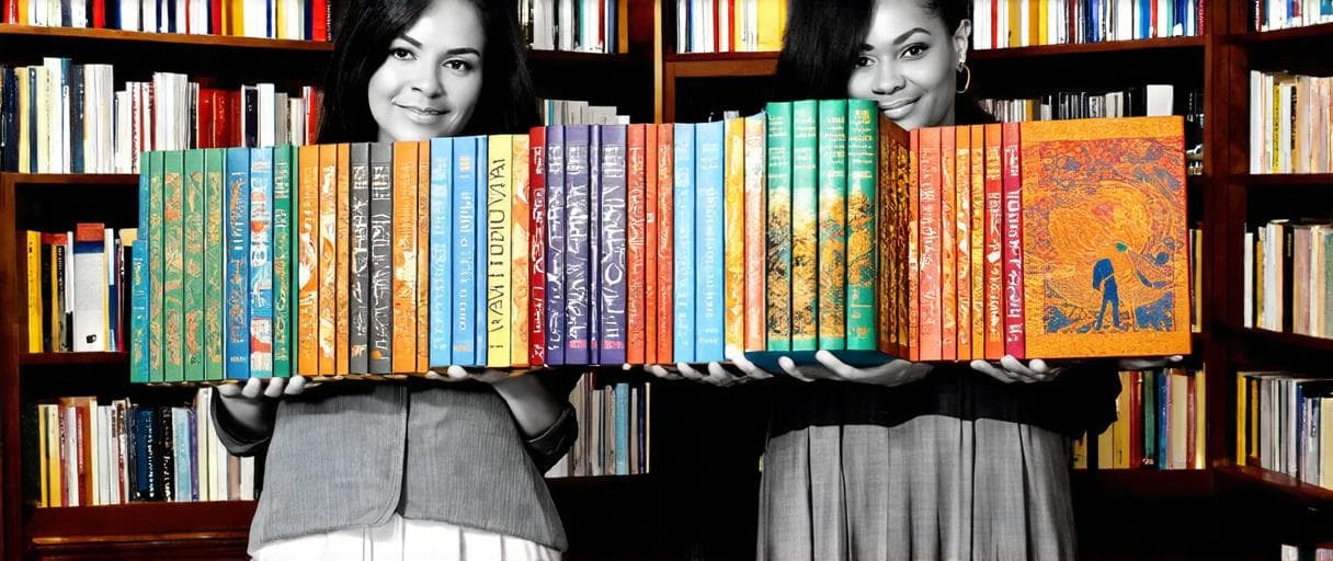 Two authors smiling, each holding a tall stack of their printed books